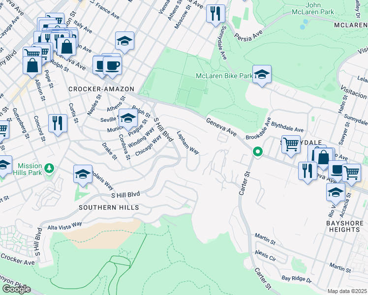 map of restaurants, bars, coffee shops, grocery stores, and more near 34 Lapham Way in San Francisco