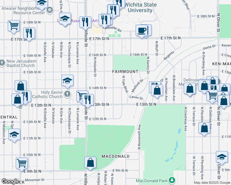 map of restaurants, bars, coffee shops, grocery stores, and more near 1453 North Yale Avenue in Wichita