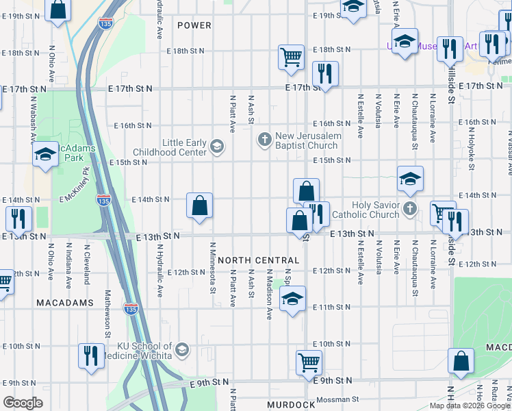 map of restaurants, bars, coffee shops, grocery stores, and more near 2100-2198 E 14th St N in Wichita