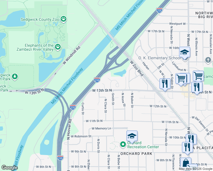 map of restaurants, bars, coffee shops, grocery stores, and more near 1422 North Doris Circle in Wichita