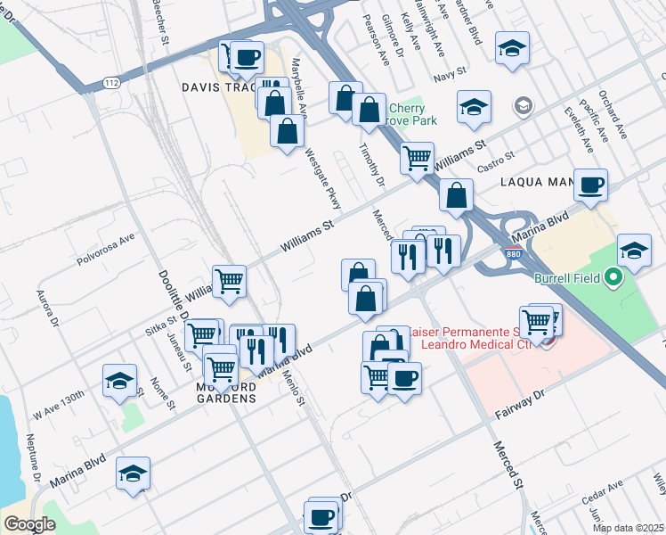 map of restaurants, bars, coffee shops, grocery stores, and more near 1951 Williams Street in San Leandro