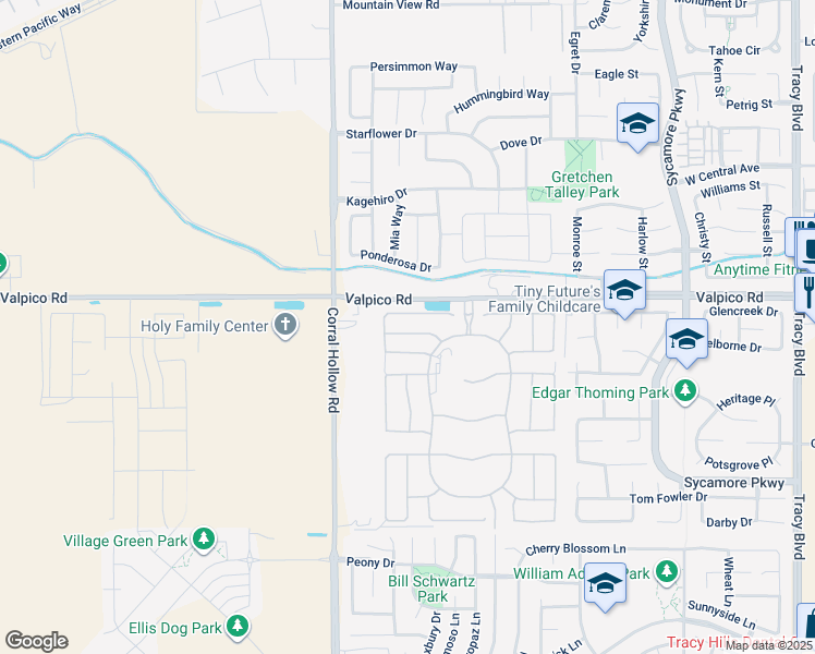 map of restaurants, bars, coffee shops, grocery stores, and more near 1861 Cascade Lane in Tracy