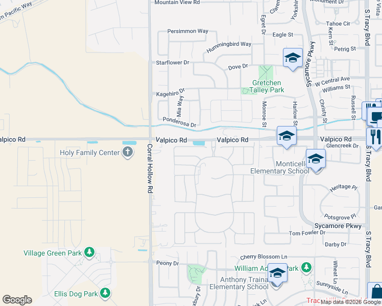 map of restaurants, bars, coffee shops, grocery stores, and more near 1837 Cascade Lane in Tracy