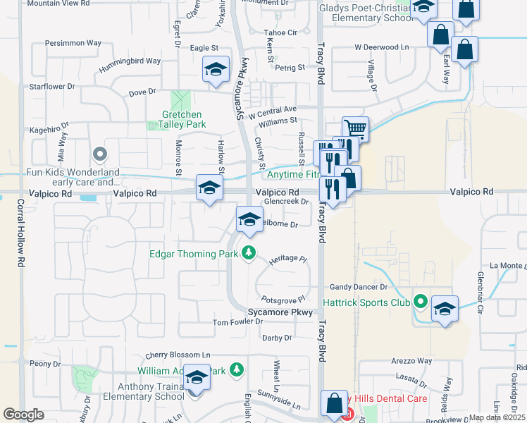 map of restaurants, bars, coffee shops, grocery stores, and more near 2886 Valcourt Way in Tracy