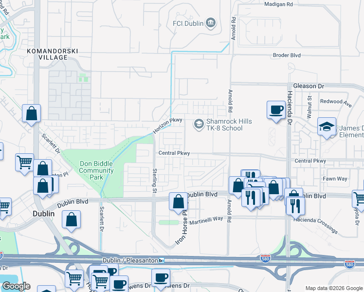 map of restaurants, bars, coffee shops, grocery stores, and more near 5828 Iron Horse Parkway in Dublin