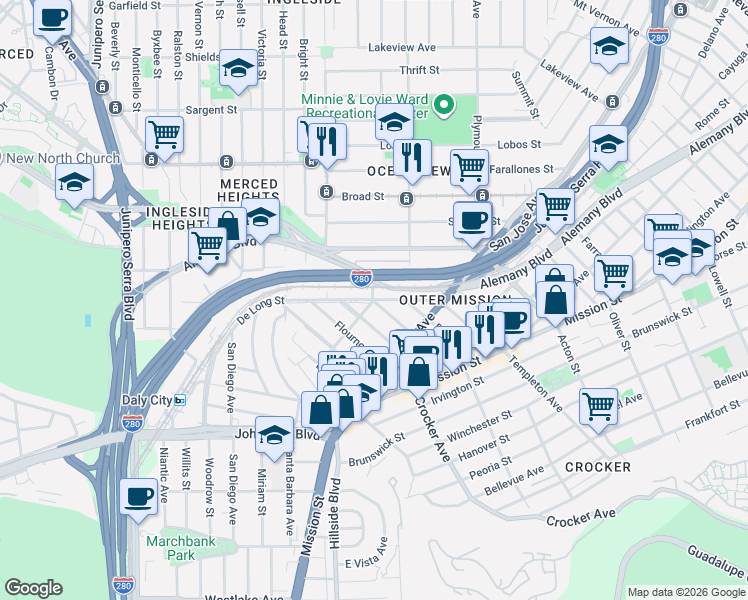 map of restaurants, bars, coffee shops, grocery stores, and more near 100 Goethe Street in San Francisco
