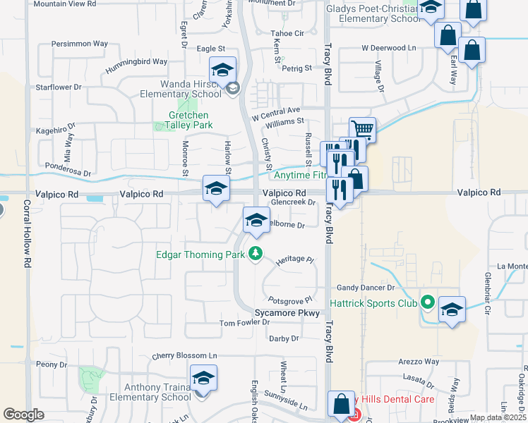 map of restaurants, bars, coffee shops, grocery stores, and more near 2887 Valcourt Way in Tracy