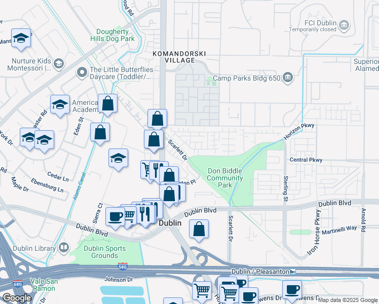 map of restaurants, bars, coffee shops, grocery stores, and more near 6260 Dove Avenue in Dublin