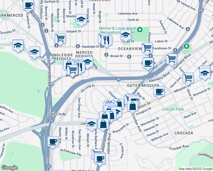 map of restaurants, bars, coffee shops, grocery stores, and more near De Long Street in San Francisco