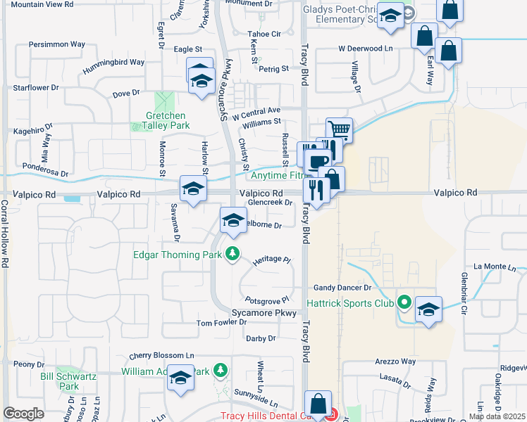 map of restaurants, bars, coffee shops, grocery stores, and more near 2883 Saint Martins Way in Tracy