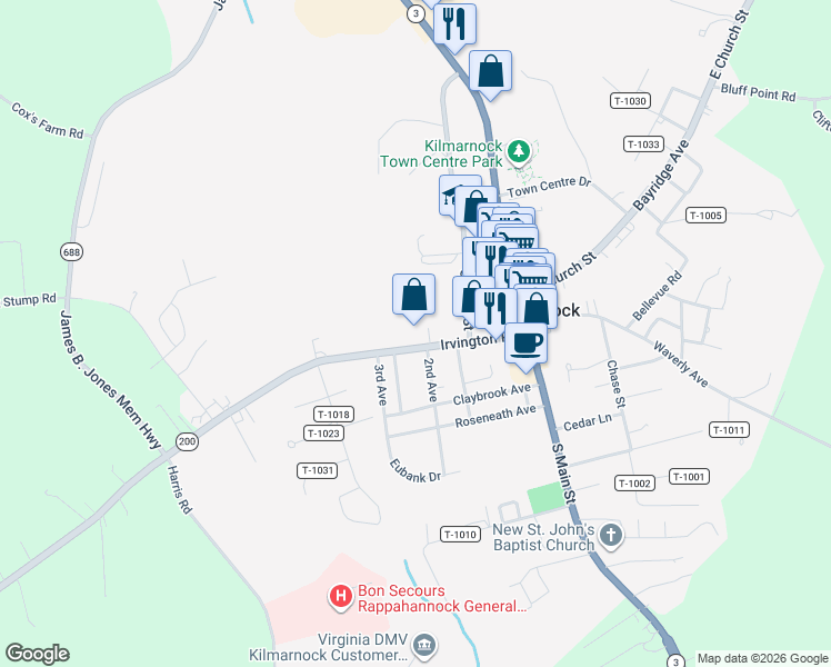map of restaurants, bars, coffee shops, grocery stores, and more near 200 Irvington Road in Kilmarnock