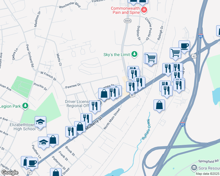 map of restaurants, bars, coffee shops, grocery stores, and more near 1023 Shawnee Drive in Elizabethtown