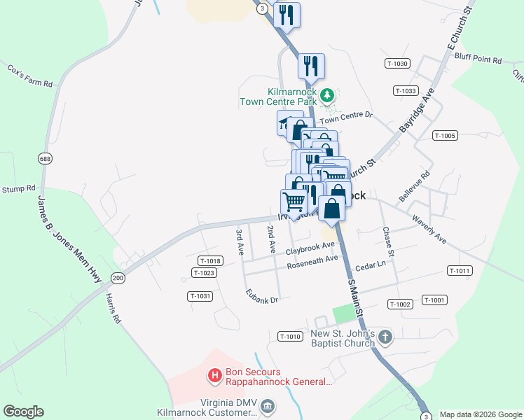 map of restaurants, bars, coffee shops, grocery stores, and more near 200 Irvington Road in Kilmarnock