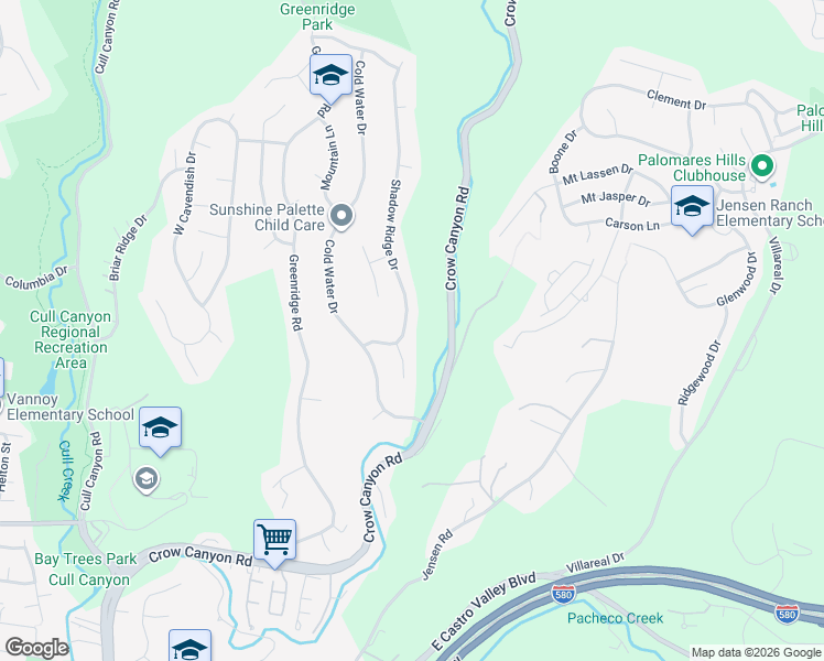 map of restaurants, bars, coffee shops, grocery stores, and more near 5657 Shadow Ridge Drive in Castro Valley