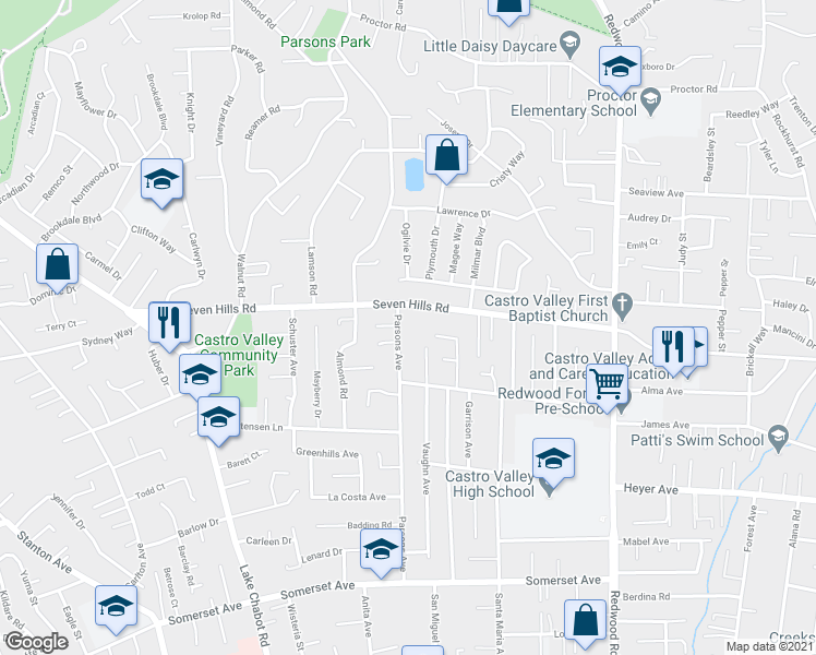 map of restaurants, bars, coffee shops, grocery stores, and more near 18816 Parsons Avenue in Castro Valley