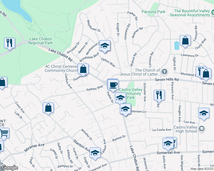 map of restaurants, bars, coffee shops, grocery stores, and more near 34 Seven Hills Road in Castro Valley