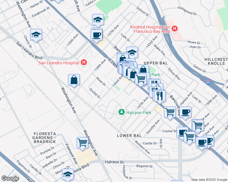 map of restaurants, bars, coffee shops, grocery stores, and more near 1220 143rd Avenue in San Leandro