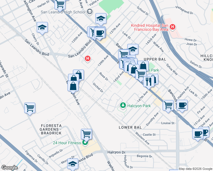 map of restaurants, bars, coffee shops, grocery stores, and more near 14265 Rose Drive in San Leandro
