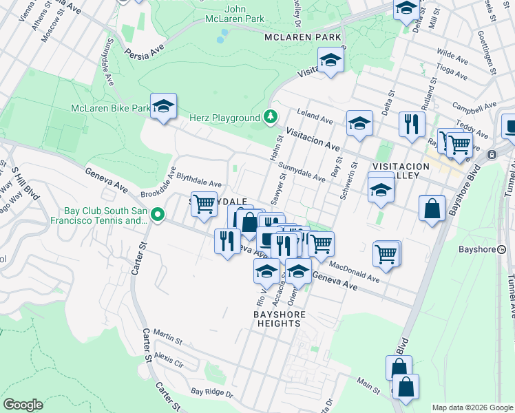 map of restaurants, bars, coffee shops, grocery stores, and more near 432 Sunrise Way in San Francisco