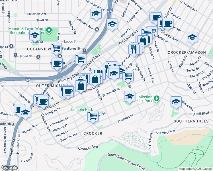 map of restaurants, bars, coffee shops, grocery stores, and more near 59 Oliver Street in San Francisco