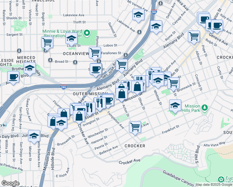 map of restaurants, bars, coffee shops, grocery stores, and more near 168 Sickles Avenue in San Francisco