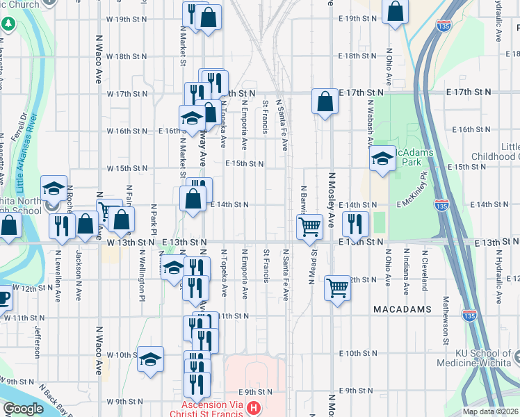 map of restaurants, bars, coffee shops, grocery stores, and more near 1501 Saint Francis in Wichita