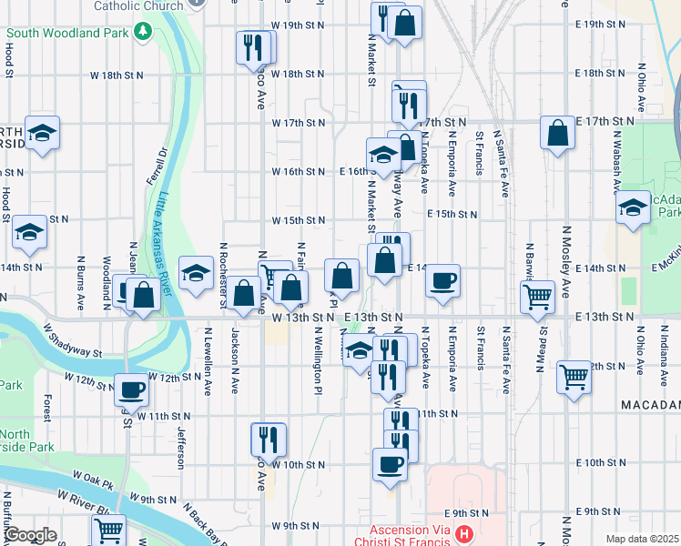 map of restaurants, bars, coffee shops, grocery stores, and more near 114 East 14th Street North in Wichita