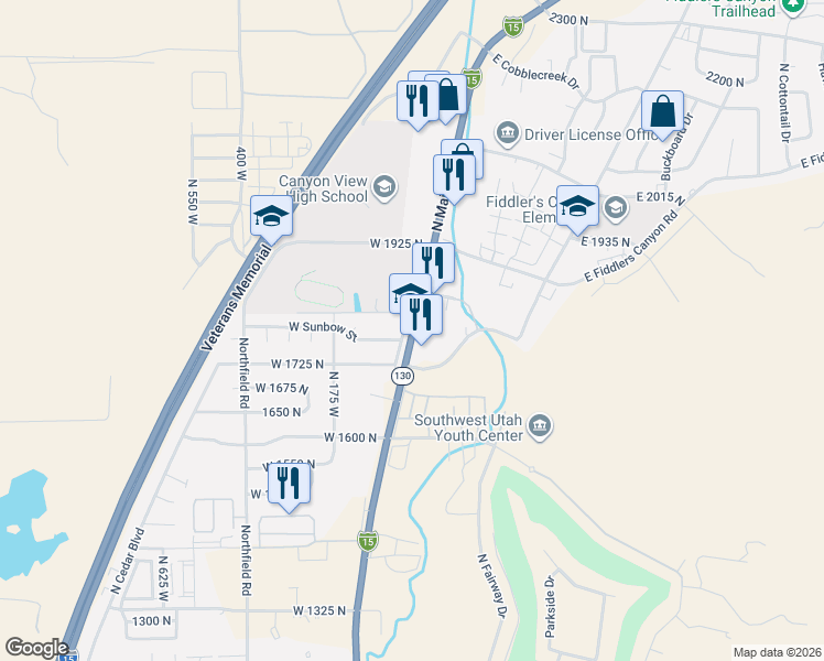 map of restaurants, bars, coffee shops, grocery stores, and more near 1779 North Main Street in Cedar City