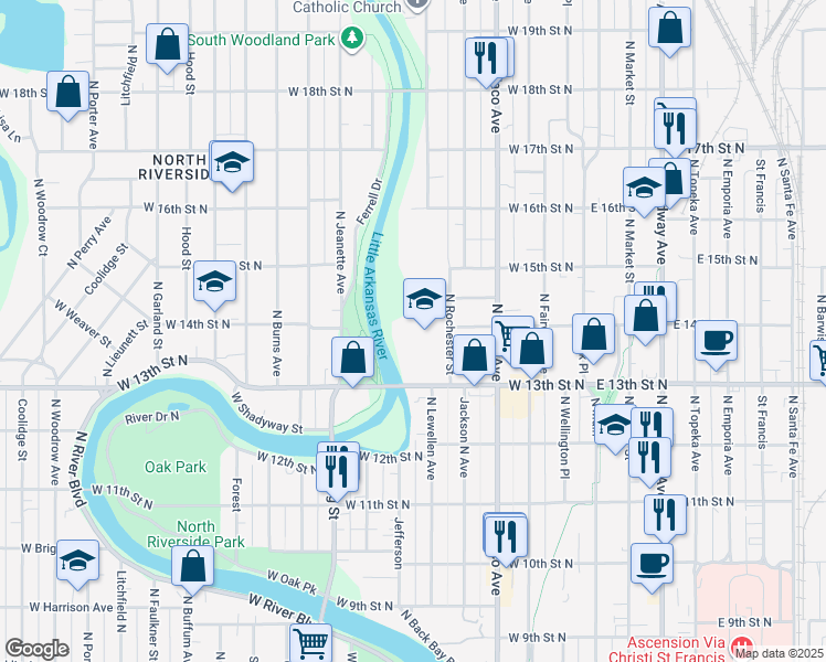 map of restaurants, bars, coffee shops, grocery stores, and more near 1437 North Rochester Street in Wichita