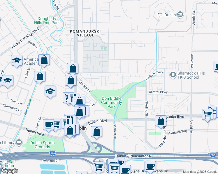 map of restaurants, bars, coffee shops, grocery stores, and more near 6017 Basaltina Place in Dublin
