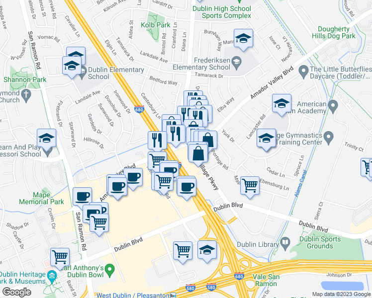 map of restaurants, bars, coffee shops, grocery stores, and more near 7194 Village Parkway in Dublin