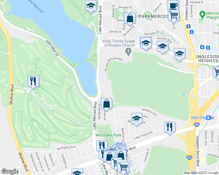 map of restaurants, bars, coffee shops, grocery stores, and more near 137 Lake Merced Hill so St in San Francisco