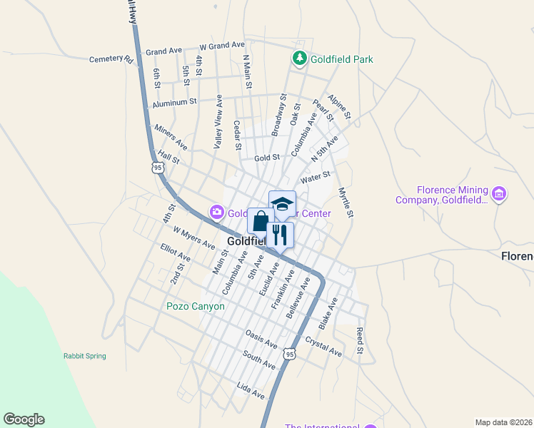 map of restaurants, bars, coffee shops, grocery stores, and more near 412 North Columbia Avenue in Goldfield