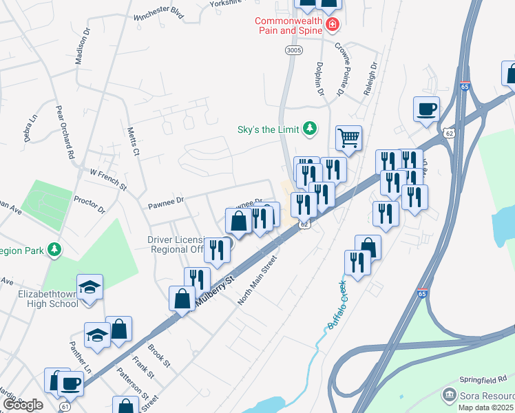 map of restaurants, bars, coffee shops, grocery stores, and more near 1023-1099 Shawnee Drive in Elizabethtown