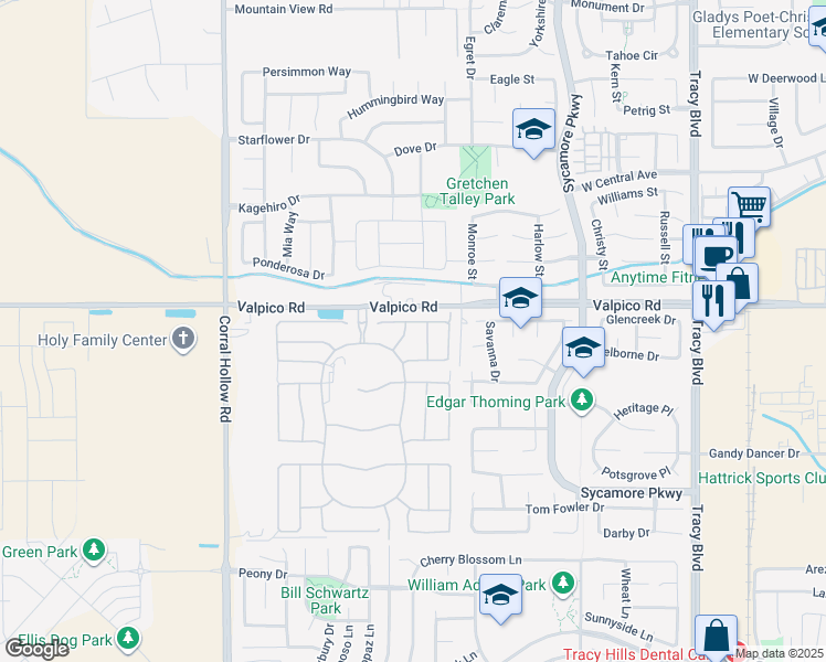 map of restaurants, bars, coffee shops, grocery stores, and more near 2818 Stampede Lane in Tracy