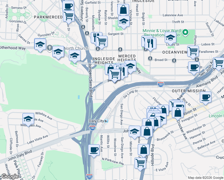 map of restaurants, bars, coffee shops, grocery stores, and more near 8400 Oceanview Terrace in San Francisco