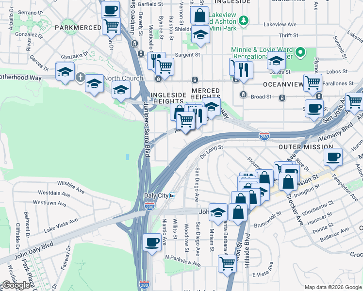 map of restaurants, bars, coffee shops, grocery stores, and more near 8200 Oceanview Terrace in San Francisco