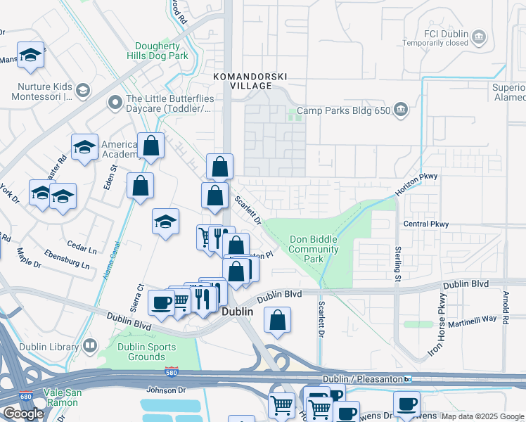 map of restaurants, bars, coffee shops, grocery stores, and more near 6260 Dove Avenue in Dublin