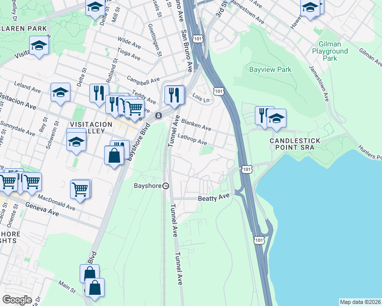 map of restaurants, bars, coffee shops, grocery stores, and more near 448 Peninsula Avenue in San Francisco