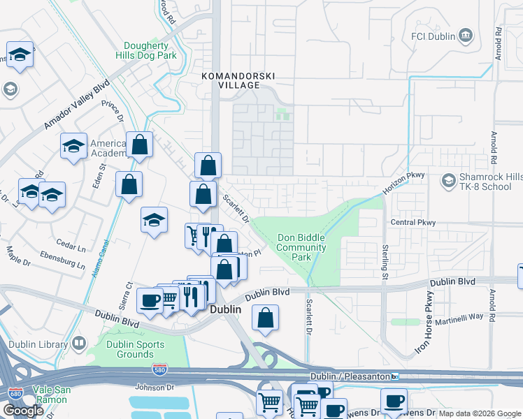 map of restaurants, bars, coffee shops, grocery stores, and more near 6226 Dove Avenue in Dublin