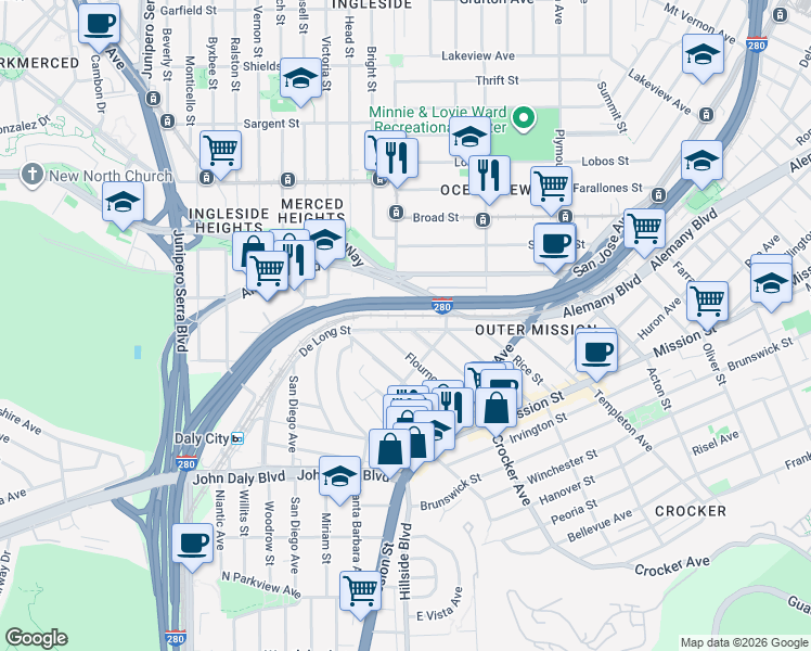 map of restaurants, bars, coffee shops, grocery stores, and more near 8 Orizaba Avenue in San Francisco