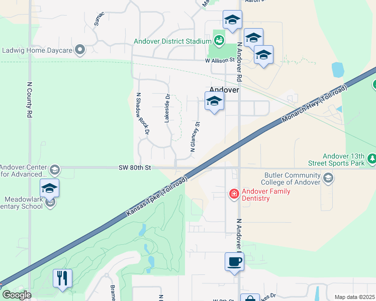 map of restaurants, bars, coffee shops, grocery stores, and more near 1331 North Glancey Street in Andover