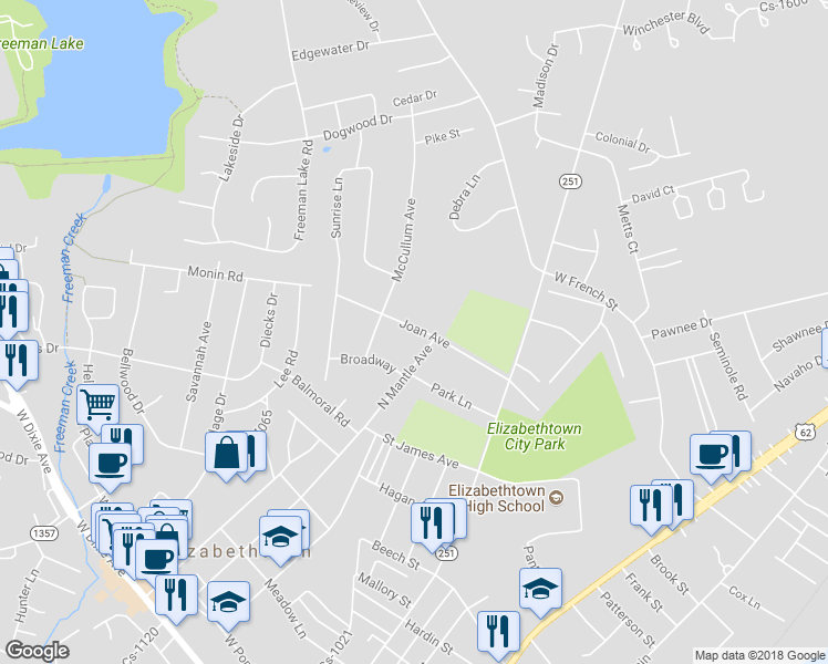 map of restaurants, bars, coffee shops, grocery stores, and more near 414 Joan Avenue in Elizabethtown