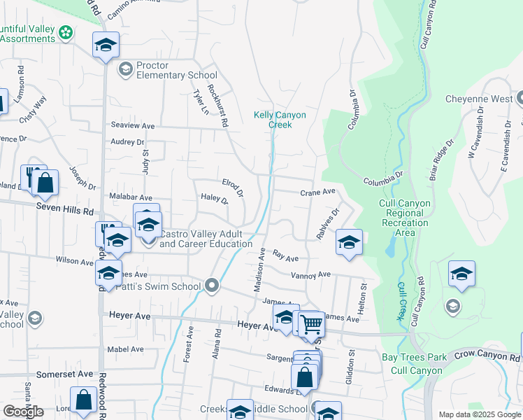 map of restaurants, bars, coffee shops, grocery stores, and more near 18748 Sandy Road in Castro Valley