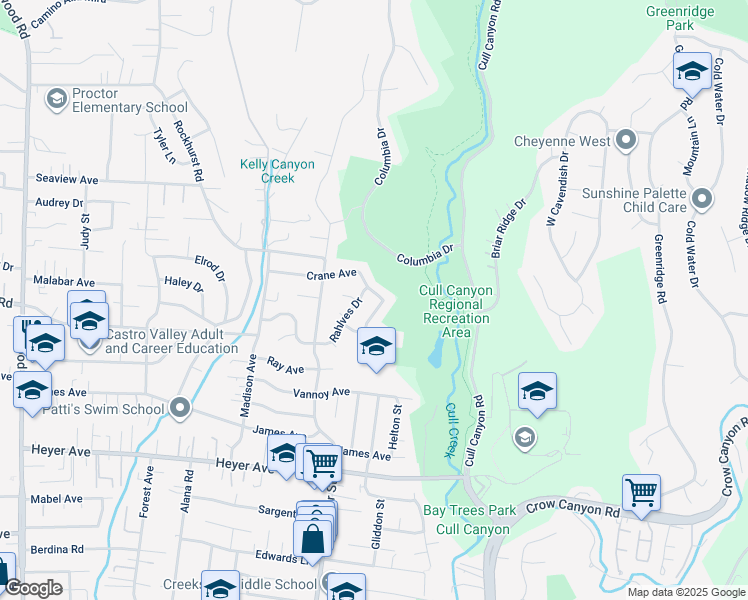 map of restaurants, bars, coffee shops, grocery stores, and more near 5272 Katrina Court in Castro Valley