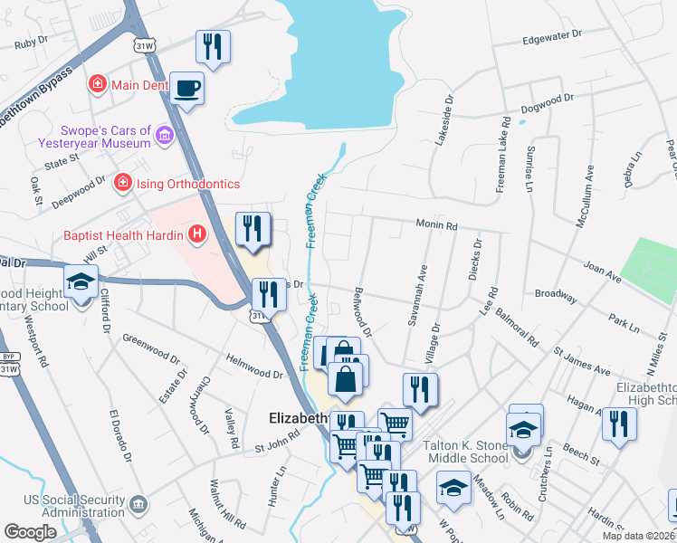 map of restaurants, bars, coffee shops, grocery stores, and more near 100 Claysville Landing Road in Elizabethtown