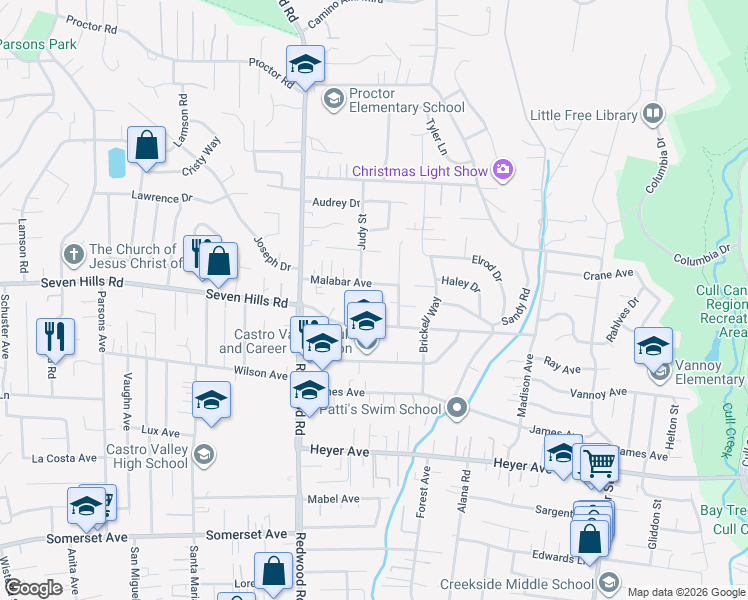 map of restaurants, bars, coffee shops, grocery stores, and more near 18625 Alcorn Place in Castro Valley