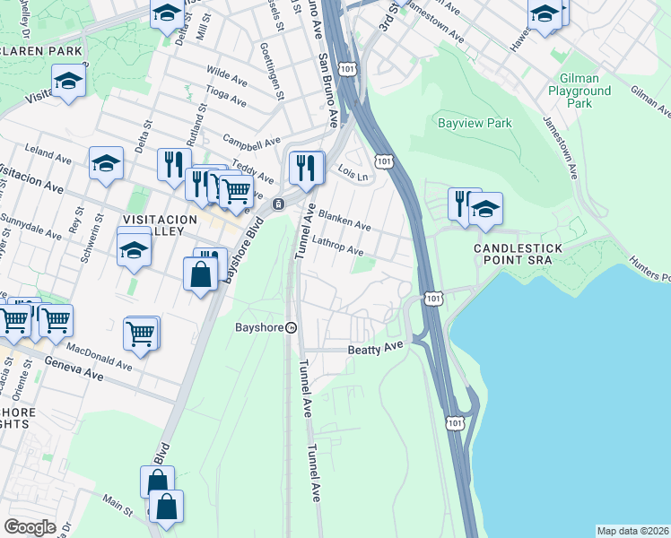 map of restaurants, bars, coffee shops, grocery stores, and more near 448 Peninsula Avenue in San Francisco