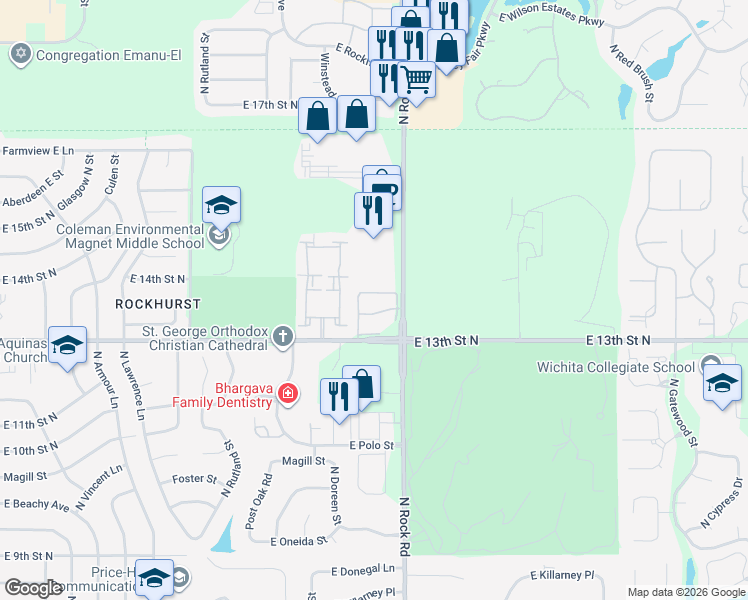 map of restaurants, bars, coffee shops, grocery stores, and more near 79th Street East in Wichita