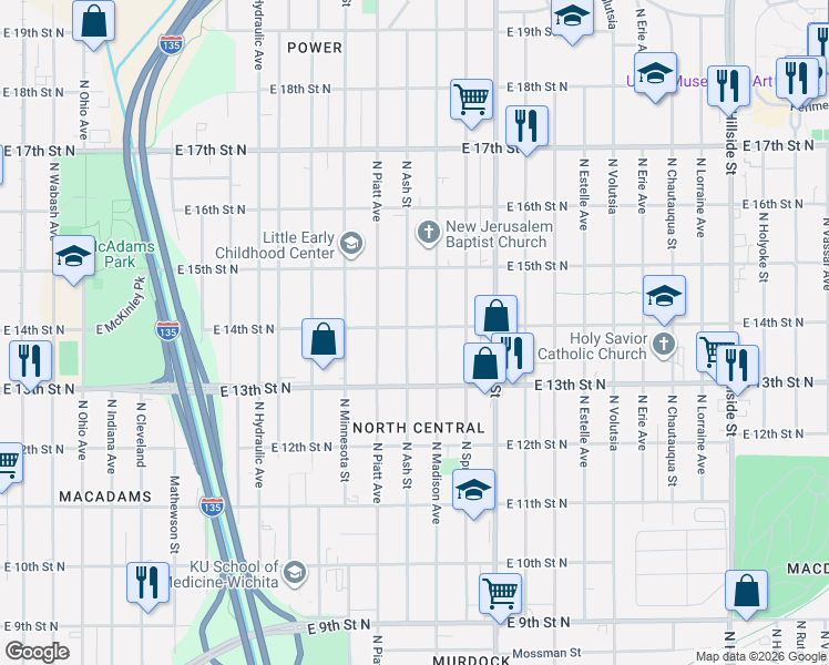 map of restaurants, bars, coffee shops, grocery stores, and more near 2100-2198 E 14th St N in Wichita